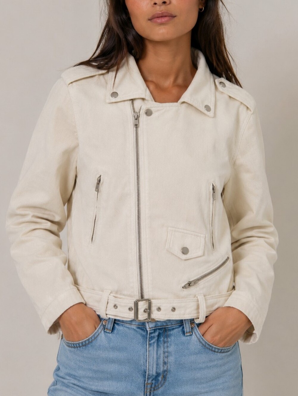 J.O.A. Los Angeles Cream Belted Moto Biker Jacket